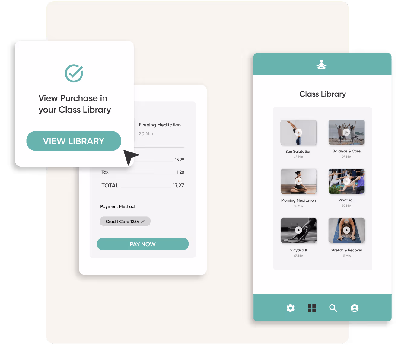На экране телефона отображается библиотека занятий йогой. Рядом с телефоном находится набор экранов оплаты и курсор покупки класса из библиотеки. 